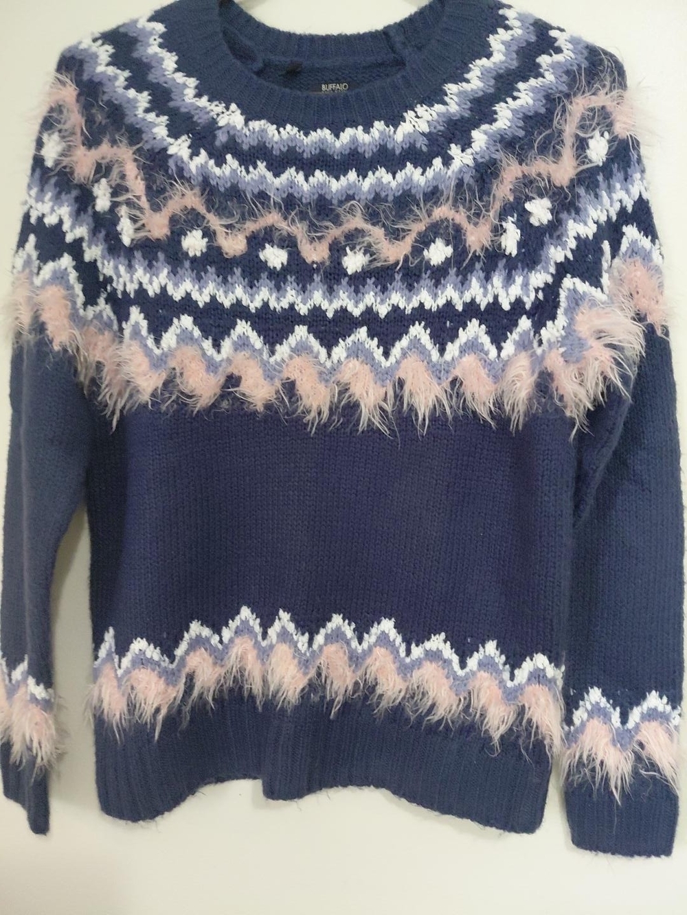 Buffalo David Bitton Navy Fair Isle Crewneck with Pink Trim